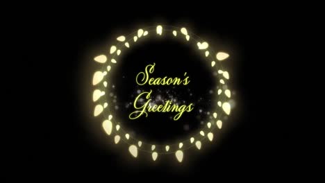 Animation-of-season's-greetings-text-with-christmas-lights-and-fireworks-exploding-in-night-sky