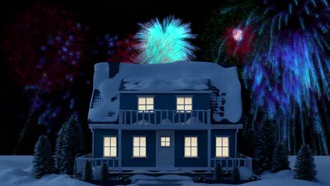 Animation-Von-Farbenfrohen-Weihnachts--Und-Neujahrsfeuerwerken,-Die-Am-Nachthimmel-über-Einem-Haus-Im-Schnee-Explodieren