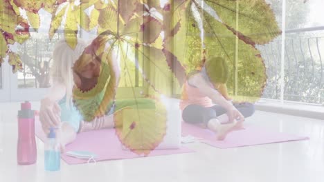Animation-of-leaves-over-happy-caucasian-woman-with-her-daughter-doing-yoga