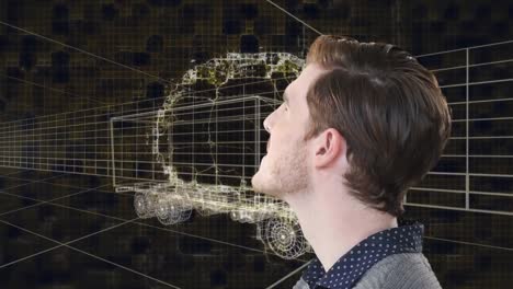 Animation-Eines-Kaukasischen-Mannes-Und-Eines-Menschlichen-Gehirns-über-Einem-3D-Zeichnungsmodell-Eines-Lastwagens-Und-Eines-Gitters