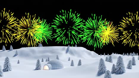 Animation-of-yellow-and-green-christmas-and-new-year-fireworks-in-night-sky-over-igloo-in-snow