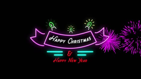 Animation-of-happy-christmas-and-new-year-text-on-neon-sign-with-fireworks-exploding-in-night-sky