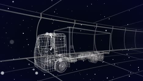 Animation-of-white-spots-over-3d-drawing-model-of-lorry-and-grid