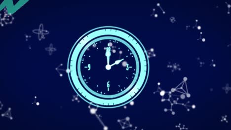 Animation-of-moving-clock-over-molecules-on-blue-background