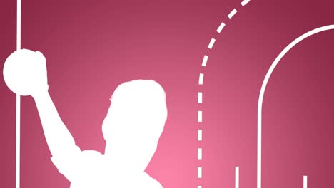 Animation-of-silhouette-of-handball-player-holding-ball-over-court-boundaries-on-pink-background