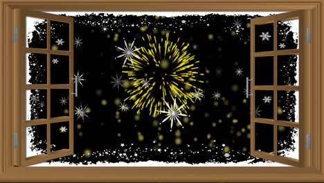 Animation-Eines-Offenen-Fensters-Mit-Schneeflocken-Und-Weihnachts--Und-Neujahrsfeuerwerken,-Die-Am-Nachthimmel-Explodieren
