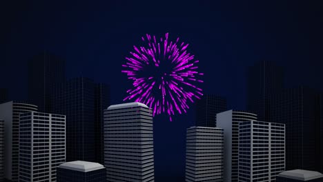 Animation-of-pink-christmas-and-new-year-fireworks-exploding-over-cityscape-in-night-sky