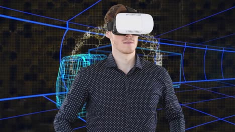 Animation-of-businessman-wearing-vr-headset-over-3d-drawing-model-of-van-and-grid