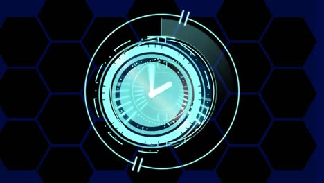 Animation-of-moving-clock-and-scope-scanning-over-hexagons-on-blue-background