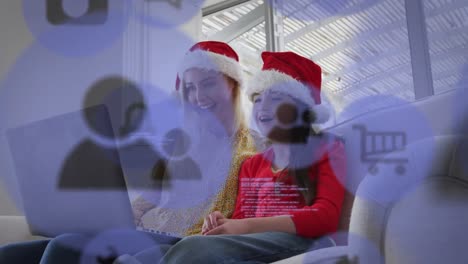 Animation-of-online-shopping-trolley-icons-over-caucasian-mother-and-daughter-at-christmas