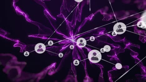 Animation-of-network-of-connections-with-digital-people-icons-over-purple-smoke-trails