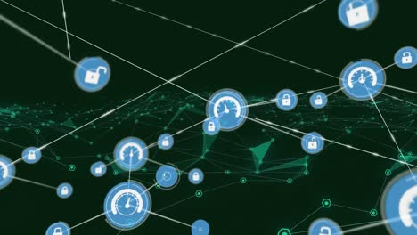 Animation-of-network-of-connections-with-digital-icons-over-green-mesh