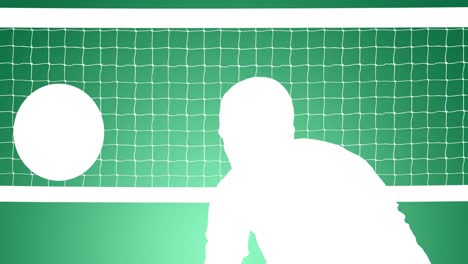 Animation-of-silhouette-of-volleyball-player,-net-and-ball-on-green-background