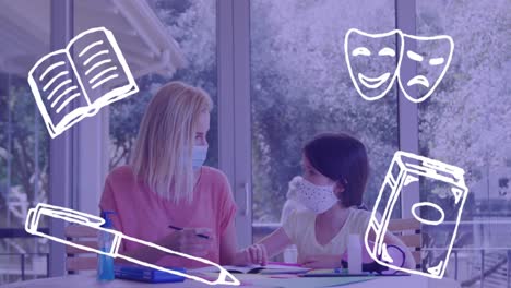 Animation-of-school-icons-over-caucasian-woman-and-her-daughter-wearing-face-masks-doing-homework