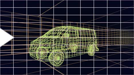 Animation-of-white-arrows-over-3d-drawing-model-of-car-and-grid