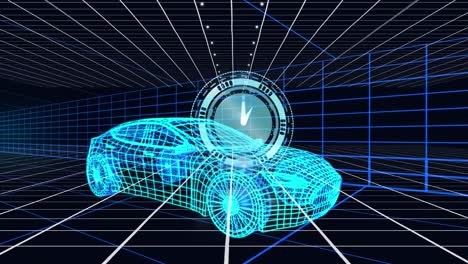 Animation-of-clock-over-3d-drawing-model-of-car-and-grid
