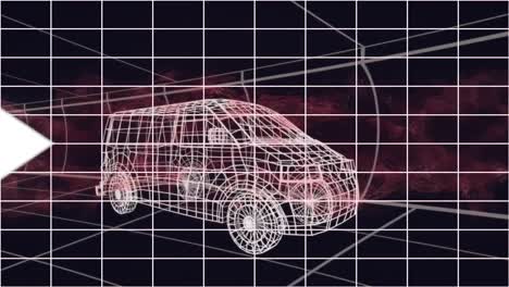 Animation-of-white-arrows-over-3d-drawing-model-of-van-and-grid
