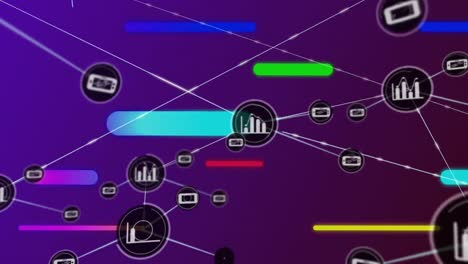 Animation-of-network-of-connections-with-digital-icons-over-stripes-on-purple-background