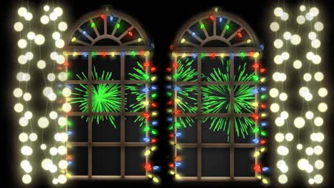 Animation-of-windows-with-colourful-christmas-lights-and-fireworks-in-night-sky