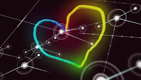Animation-of-network-of-connections-with-digital-icons-and-rainbow-glowing-heart