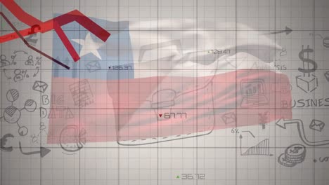 Animation-Der-Datenverarbeitung,-Finanzsymbole-Und-Grafiken-über-Der-Flagge-Chiles-Auf-Grauem-Hintergrund