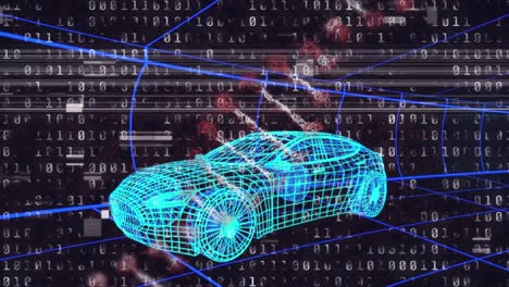 Animation-of-dna-strand-spinning-and-binary-coding-over-3d-drawing-model-of-car-and-grid