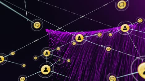 Animation-of-network-of-connections-with-digital-icons-over-purple-light-trails