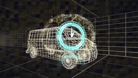 Animation-Von-Uhr-Und-Menschlichem-Gehirn-über-3D-Zeichnungsmodell-Von-Lieferwagen-Und-Gitter