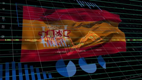 Animation-of-data-processing-and-graphs-over-flag-of-spain-on-black-background