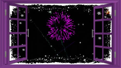 Animation-of-open-window-with-stars-and-colourful-christmas-and-new-year-fireworks-in-night-sky
