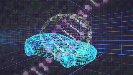 Animation-of-dna-strand-and-human-brain-over-3d-drawing-model-of-car-and-grid