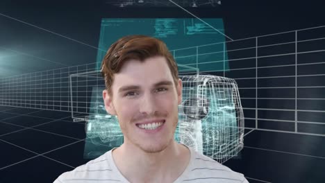 Animation-of-smiling-caucasian-man-and-screens-with-data-over-3d-drawing-model-of-lorry-and-grid
