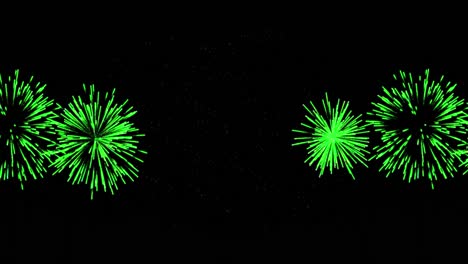 Animation-of-green-christmas-and-new-year-fireworks-exploding-on-black-background