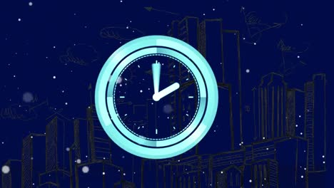Animation-of-moving-clock-over-snow-falling-and-cityscape-on-blue-background