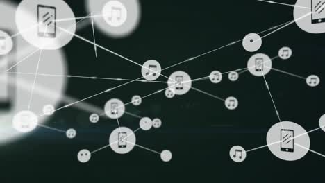 Animation-Des-Netzwerks-Von-Verbindungen-Mit-Digitalen-Musiksymbolen-über-Grünem-Licht