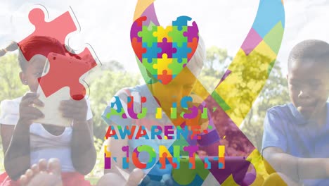 Animation-of-colourful-puzzle-pieces-ribbon-autism-awareness-month-text-over-children