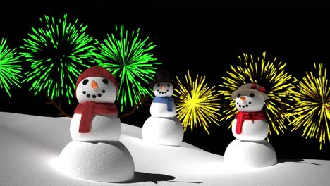 Animation-of-snowmen-with-yellow-and-green-christmas-and-new-year-fireworks-exploding-in-night-sky