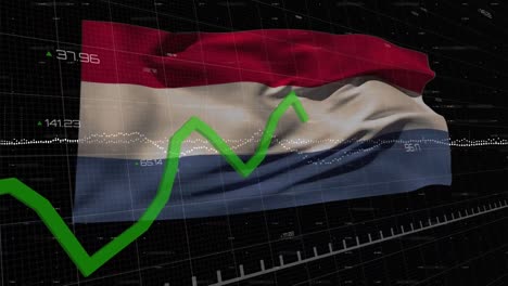 Animation-of-graphs-and-data-processing-over-flag-of-netherlands-on-black-background