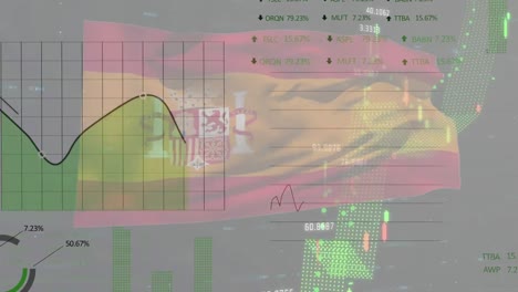 Animation-Von-Grafiken-Und-Datenverarbeitung-über-Der-Flagge-Spaniens-Auf-Grauem-Hintergrund