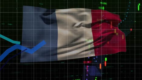 Animation-of-data-processing-and-graphs-over-flag-of-france-on-black-background