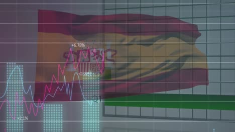 Animation-of-data-processing-and-graphs-over-flag-of-spain-on-grey-background