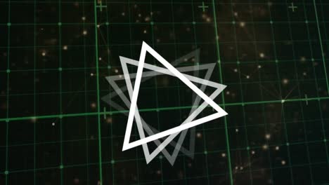 Animation-Von-Dreiecken,-Die-Sich-über-Ein-Netzwerk-Von-Verbindungen-Mit-Leuchtenden-Punkten-Drehen