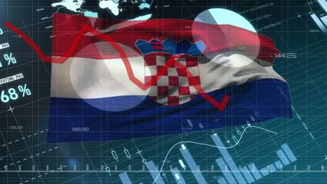 Animation-of-data-processing-and-graphs-over-flag-of-croatia-black-background