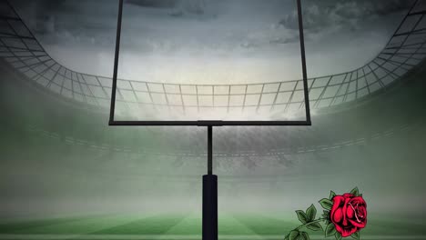 Animation-of-red-roses-falling-over-american-football-goal-at-stadium