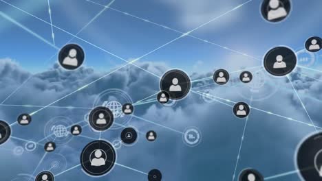 Animation-of-network-of-connections-with-people-icons-over-clouds-on-blue-background