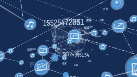 Animation-of-network-of-connections-with-digital-icons-and-globe-with-numbers-changing