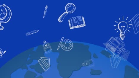 Animation-of-school-icons-floating-over-blue-globe-and-blue-background