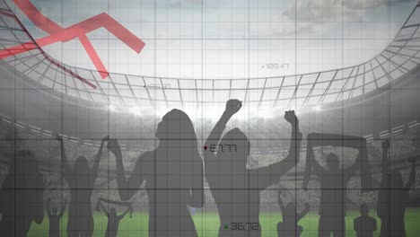 Animation-of-graphs-and-data-processing-over-cheering-fans-at-sports-stadium