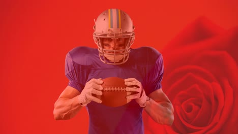 Animation-of-portrait-of-american-football-player-holding-ball-over-red-rose-background