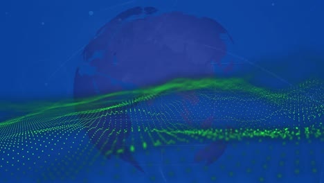 Animation-of-green-glowing-mesh-moving-over-blue-globe-and-blue-background